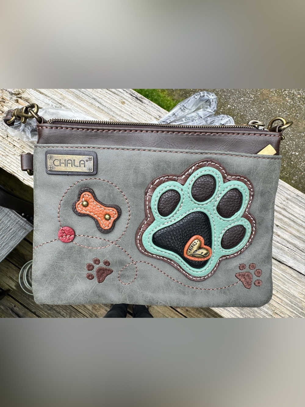 Chala Grey & Mint Paw Print Dog-Themed Wristlet